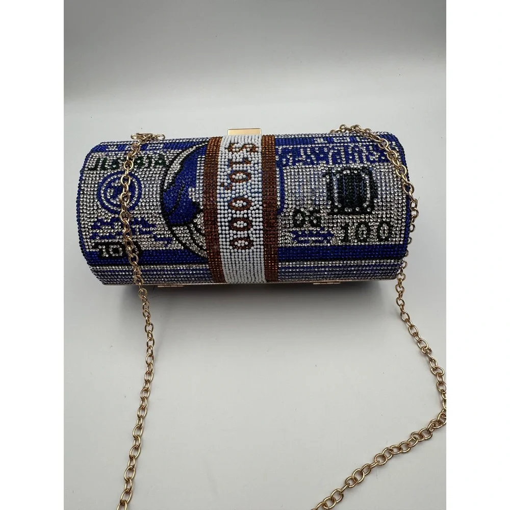 Rhinestone Money Roll Clutch Bag Blue Gold Crystal Barrel Evening Purse